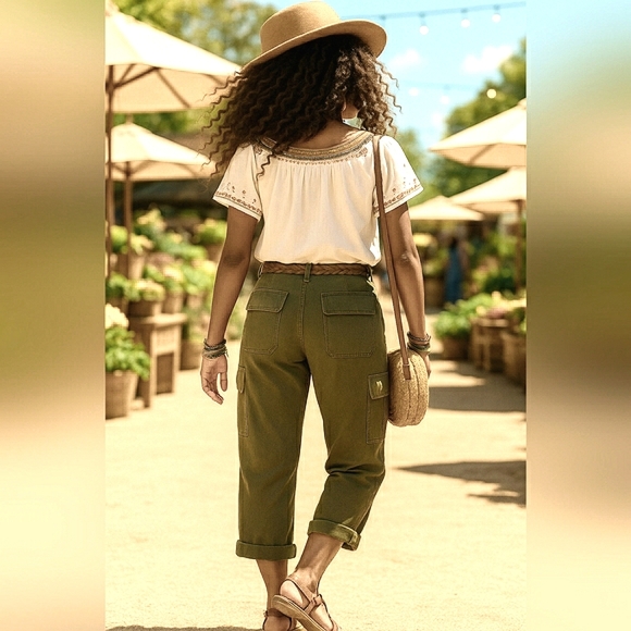 Dickies Relax Cargo 29 Army Olive Green Utility Slim Mid Rise Cotton Cropped - Picture 3 of 11